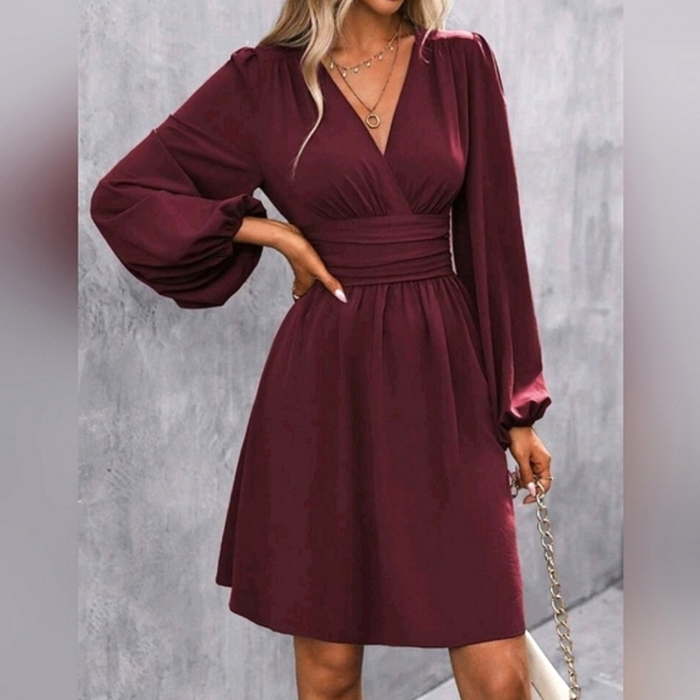 NEW Chic Ruched Waist Lantern Sleeve Dress Burgundy Red - Picture 7 of 9